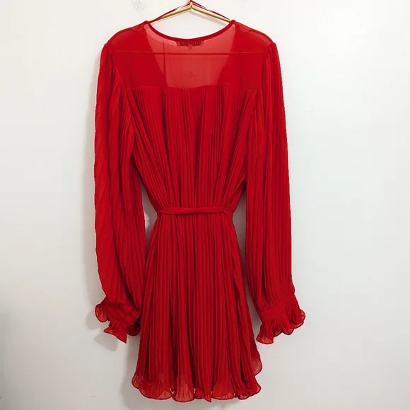 NWT Endless Rose Large Bright Red Lined Chiffon Pleated Mini Dress w/ Ruffles - Picture 6 of 9